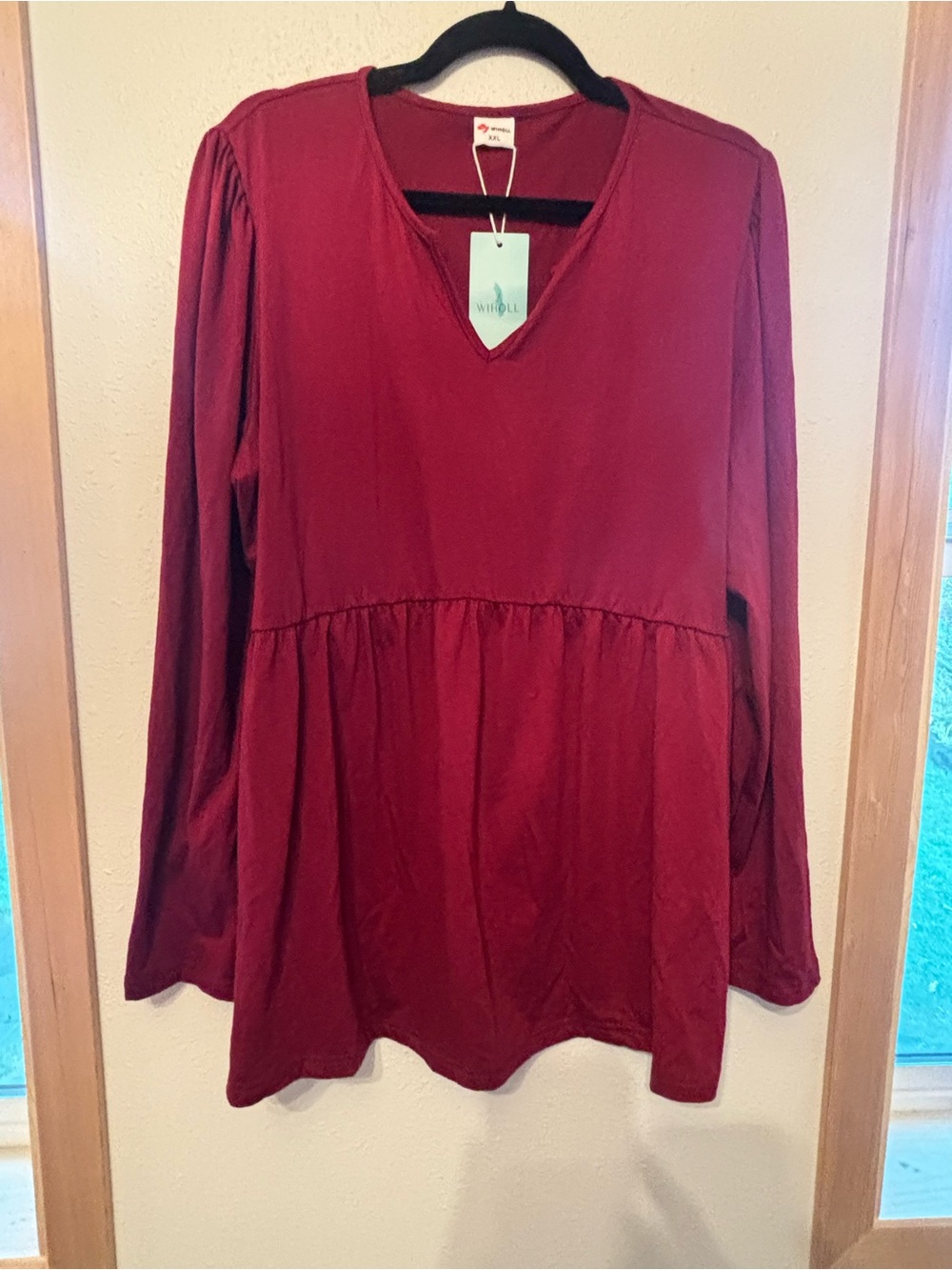 Wiholl Women's Maroon V-Neck Babydoll Tunic Top XXL 
0014S